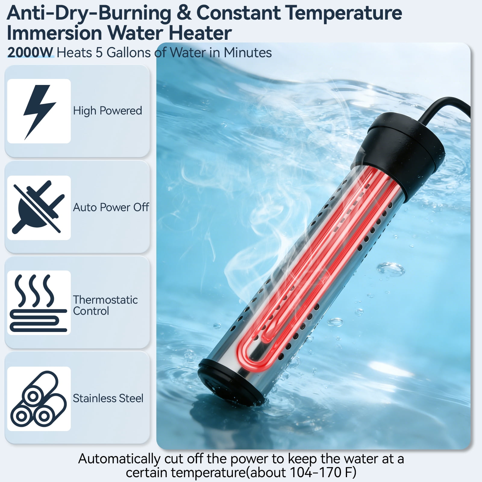 2000W Immersion Water Heater with Thermostat  Floating Bucket Heater with Timing Temperature Control Setting Auto Shut-Off 304 Stainless-Steel Guard Water Heater Rapid Heating in Minutes