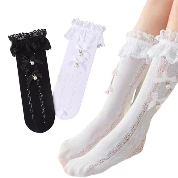 Godderr 2 Pairs Girls Mesh Knee High Socks for Kids Baby Lace Thigh High Socks Toddler Bow Princess Calf Socks