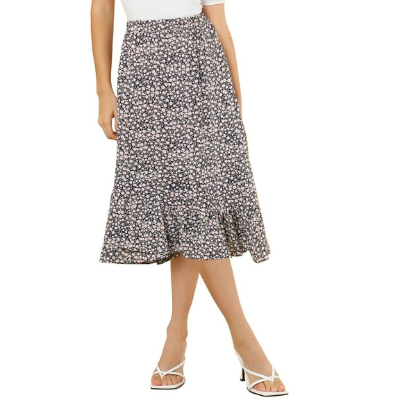 Allegra K Women's Floral Elastic Waist Ruffle High Low Hem Skirts