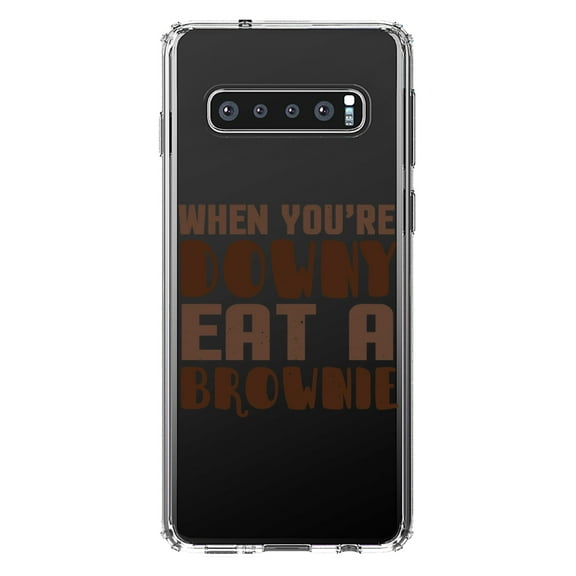 DistinctInk Clear Shockproof Hybrid Case for Samsung Galaxy S10 (6.1" Screen) - TPU Bumper Acrylic Back Tempered Glass Screen Protector - When You're Downy Eat a Brownie