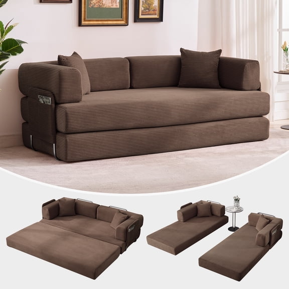 Convertible Corduroy Sofa Bed – 78.8" Oversized Futon Sleeper, Adjustable Armrests, 2 Pillows, High-Density Foam, No-Assembly, Collapsible Couch for Living Room, Bedroom – Corduroy | Coffee color