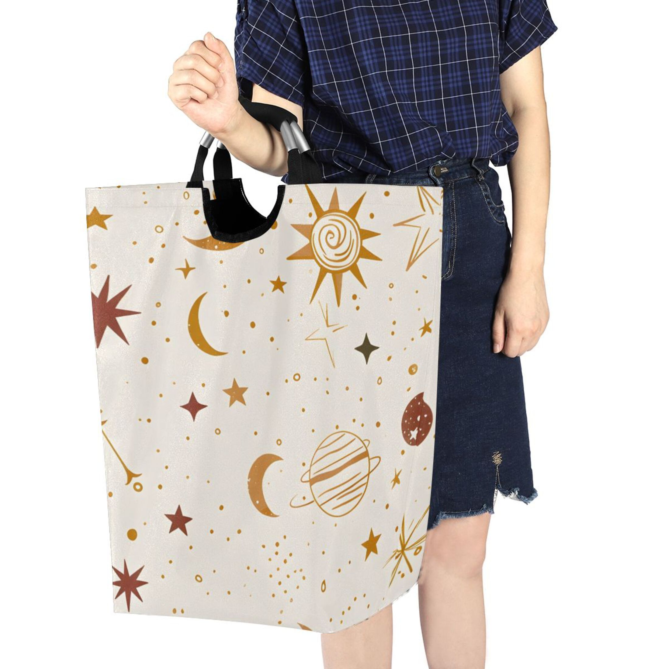 Moon Sun Stars and Planets Laundry Basket with Handles Foldable Laundry Hamper Freestanding Washing Bin 50L