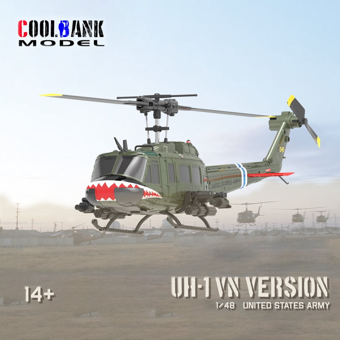 C032 UH-1 Huey RC Helicopter for Adults, 1/48 Scale 2.4G 6CH Flybarless RC Military Aircraft Model with 6-Axis Gyroscope, 3D Inverted Flight, Optical Flow Positioning - 1 Battery