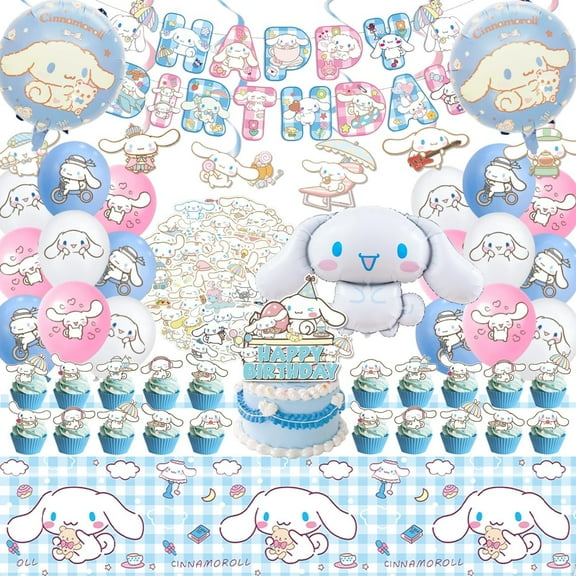 Birthday decorations, 101 party supplies set including banners, balloons, stickers, hanging swirls, cake cupcakes, top hats, children's tablecloths, Cinnamoroll themed party