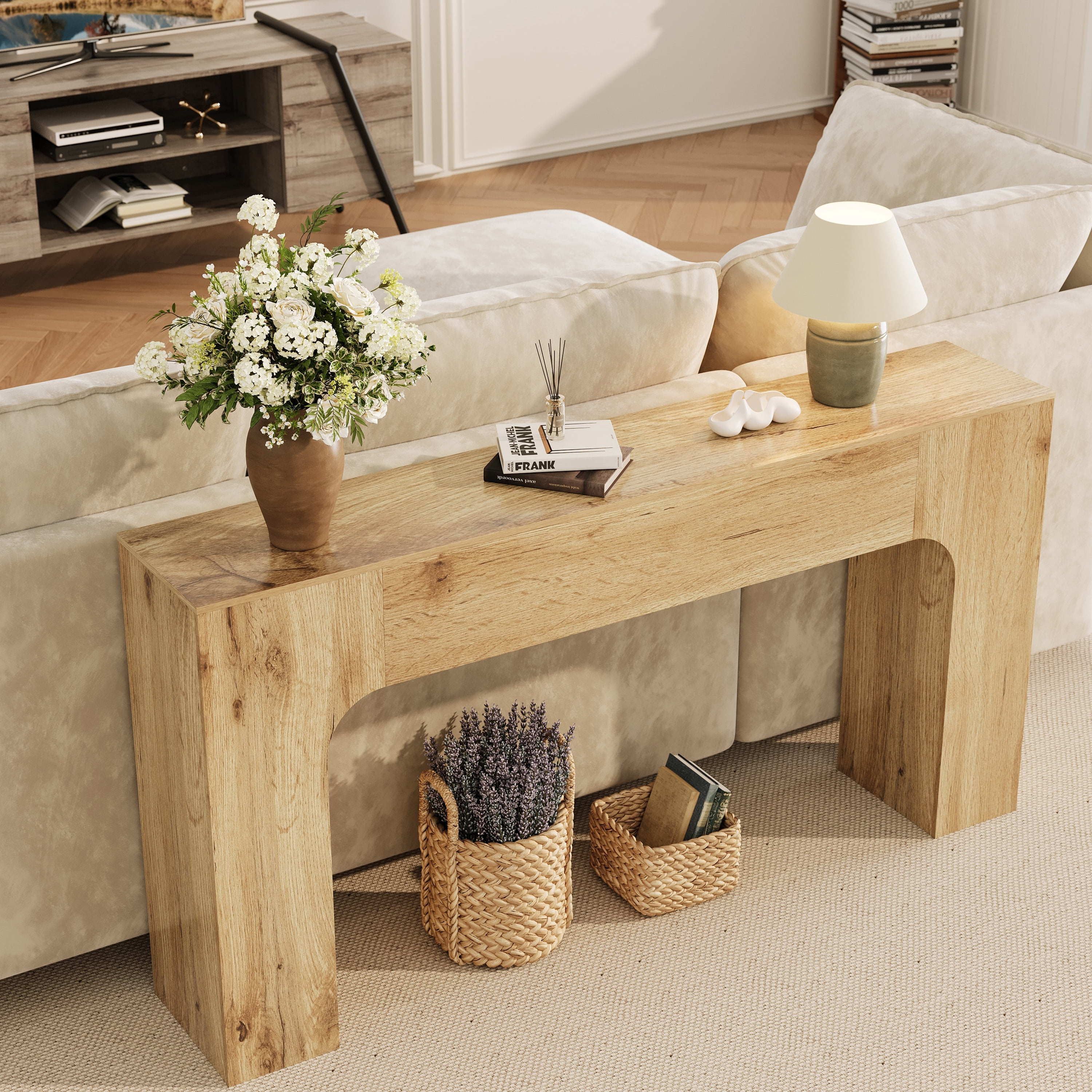 47 Inch Long Console Table for Entryway, Slim Narrow Entrance Hall Table, Farmhouse Wood Sofa Table Behind Couch for Living Room Foyer, Rustic Natural