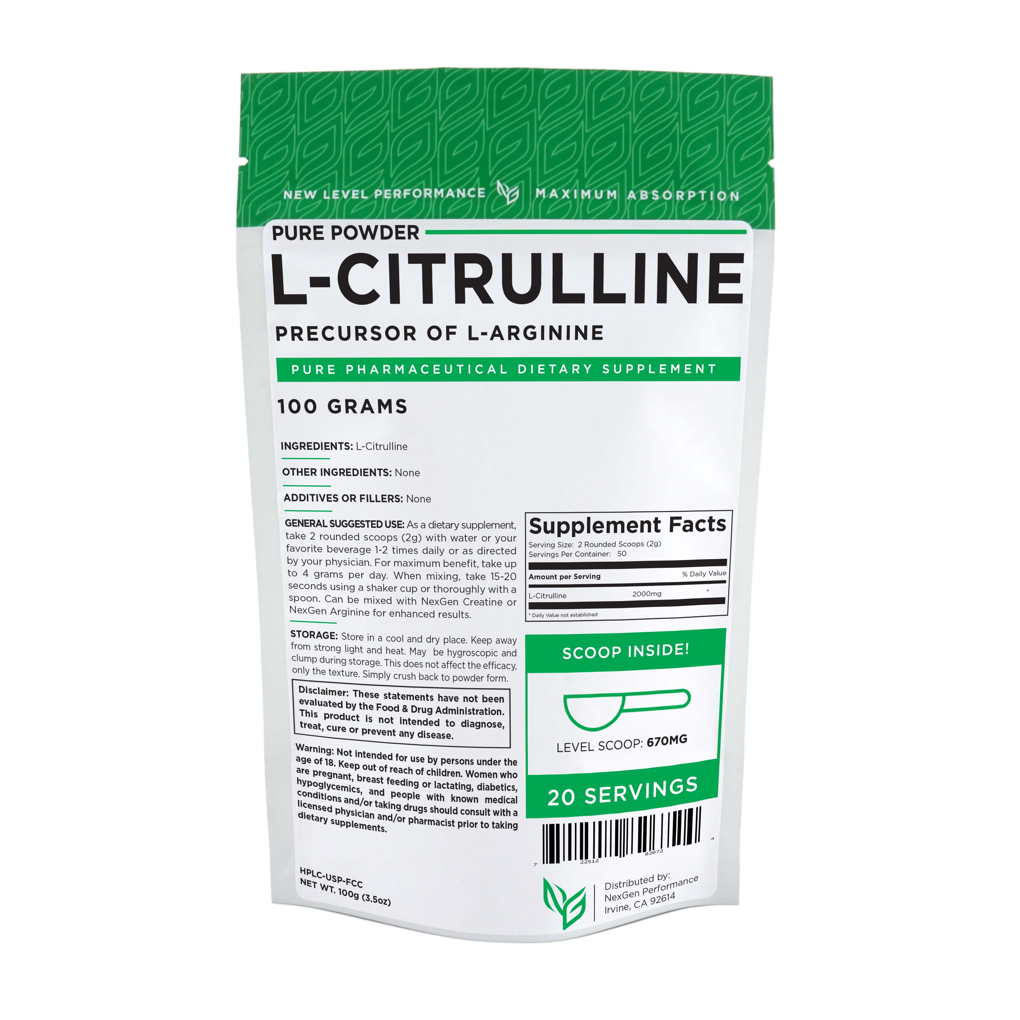 LCitrulline Powder 100g (3.5oz) Increase Performance Nitric Oxide