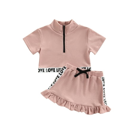 

Suanret Toddlers Girl 2PCS Streetwear Suit Infant Letter Pattern Short Sleeve Front Zipper Tops Ruffle Hem Mini Skirt Pink 4-5 Years