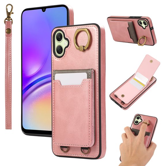 Wallet Back Case for Samsung Galaxy A05 with Wrist Strap, Stylish Magnetic Card Holder Finger Ring Kickstand PU Leather Lanyard Shockproof Slim Phone Case for Samsung Galaxy A05, Pink