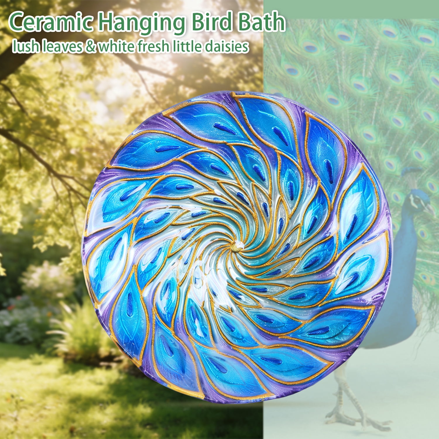 11 inch Hanging Bird Bath Glass BirdBath Peacock Outdoor Birdfeeder for Garden Yard Decoration