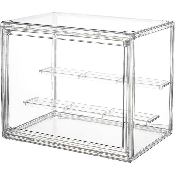 2-Tier Clear Display Case Acrylic Box Whole Scene Riser Display Stands with Door Plastic Countertop Figure Stand Shelves