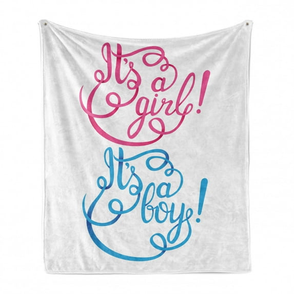 Gender Reveal Soft Flannel Fleece Throw Blanket, Classical Hand Drawn Style It's a Girl Boy Lettering Baby Message, Cozy Plush for Indoor and Outdoor Use, 70" x 90", Hot Pink and Blue, by Ambesonne