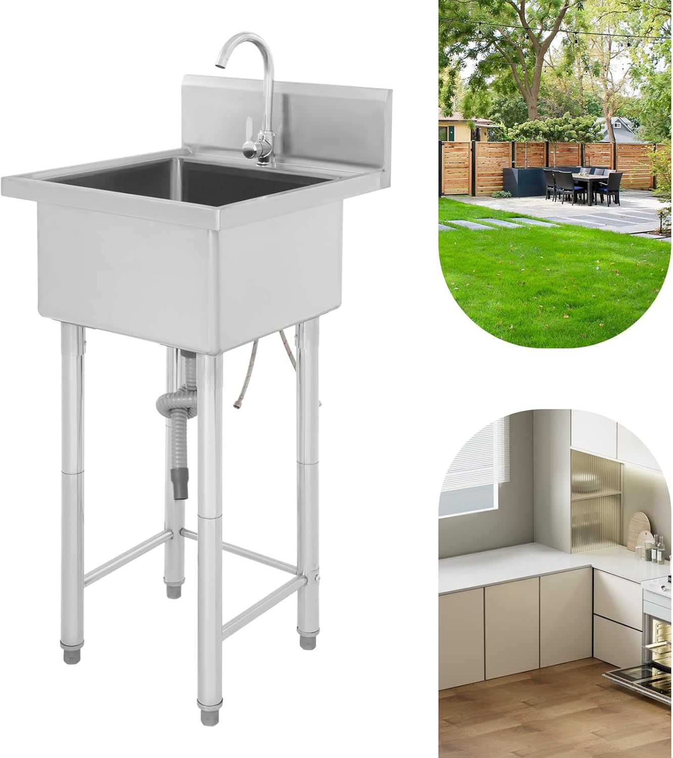 Free Standing Deep Sinks for Laundry Room Stainless Steel Single Bowl Kitchen Sink with Hot and Cold Faucet Commercial Utility Sink with Backsplash for Garage Bathroom