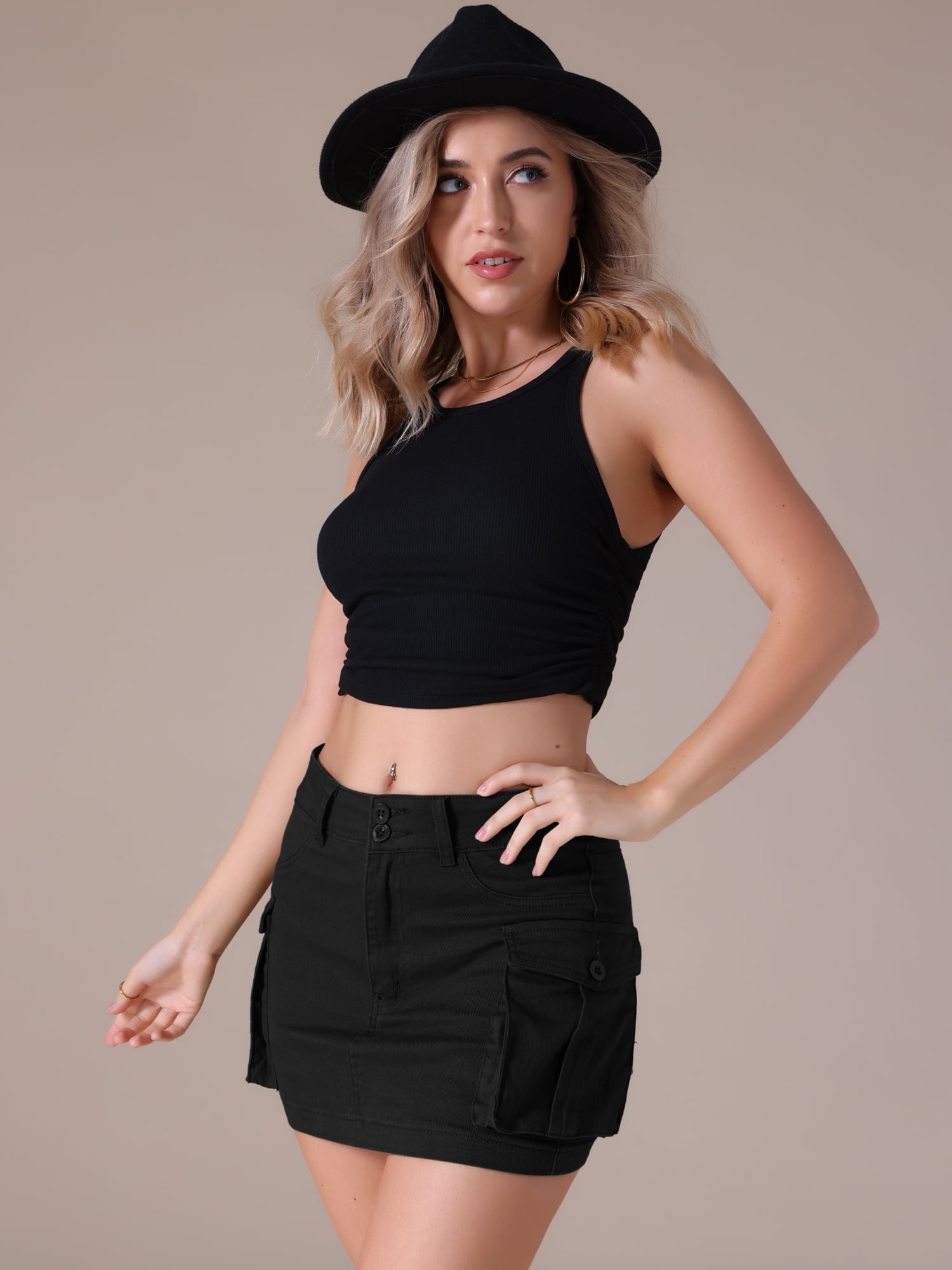 DARING DIVA Women's Denim Skirt Cargo Pockets Button Mini Jeans Skirts 2XL Black