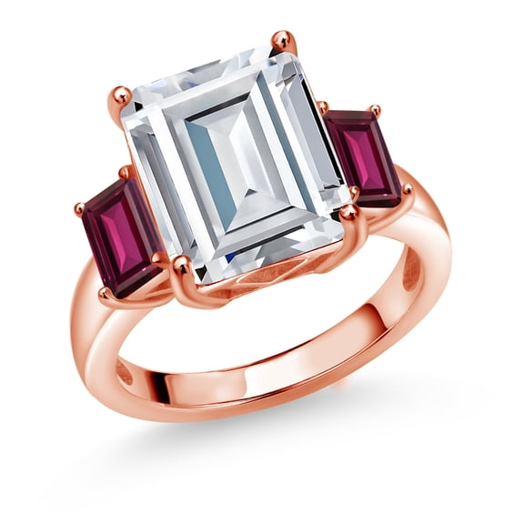 Gem Stone King 18K Rose Gold Plated Silver Red Rhodolite Garnet Ring Set with Moissanite (8.84 Cttw) (Size 6)