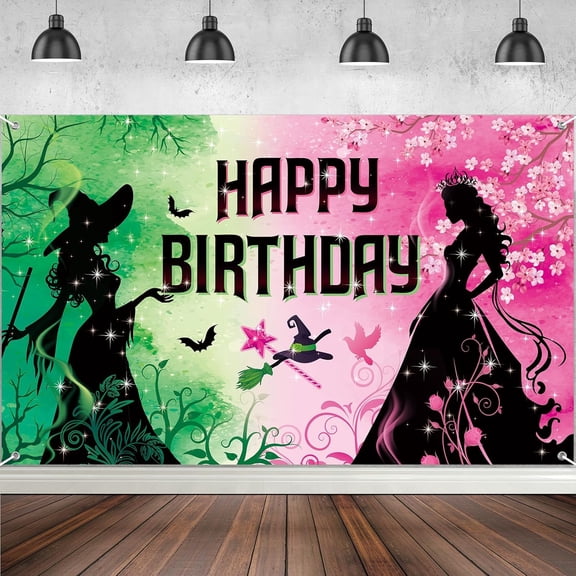 Pink and Green Birthday Backdrop Party Decorations, Witch Themed Happy Birthday Backdrop Banner Photo Booth for Princess Girls Women Castle Party Supplies Decorations