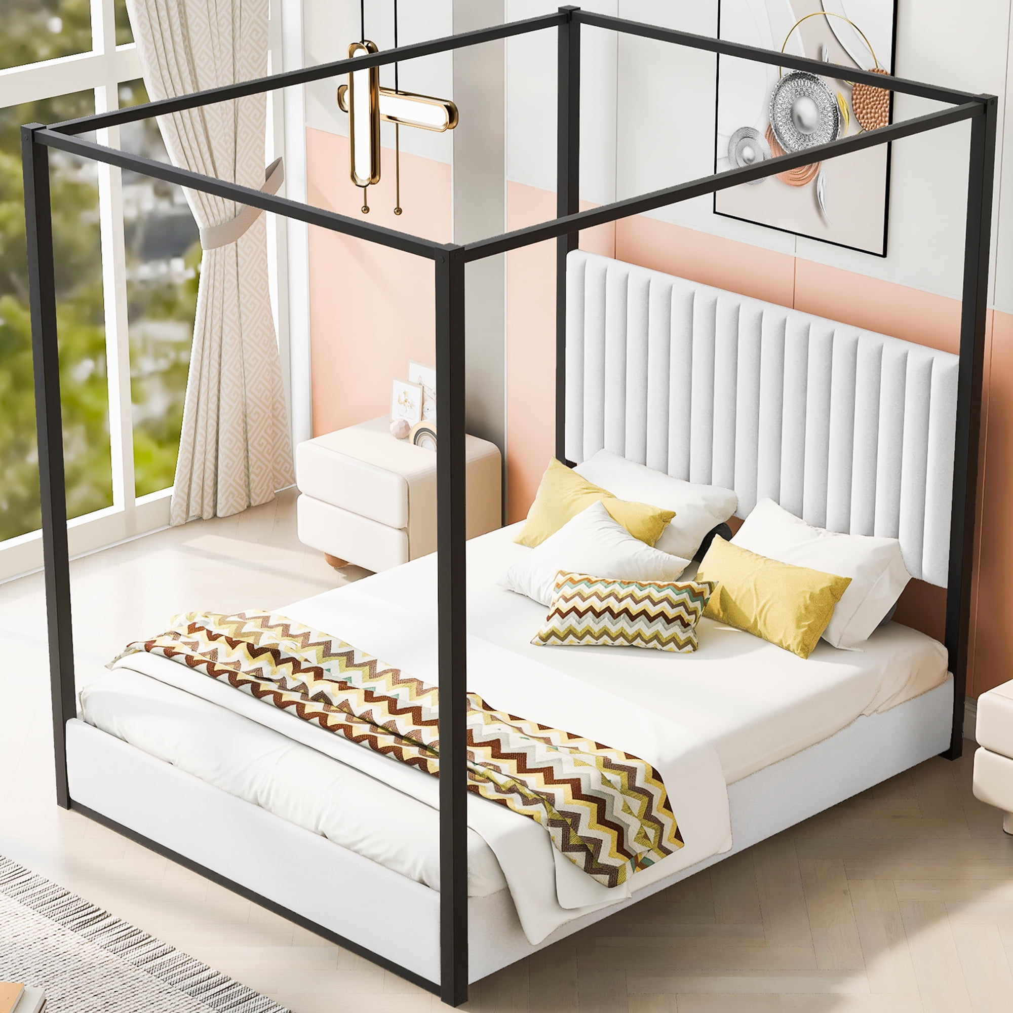 Euroco Upholstery Queen Size Canopy Platform Bed with Upholstery Headboard and Metal Bed for Adults, White