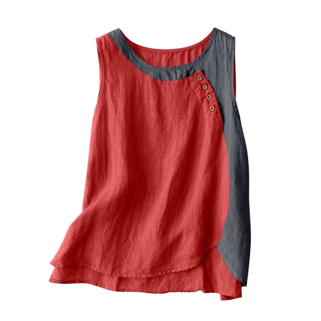 Débardeurs en Coton et Lin à Blocs de Couleur pour Femmes, Col Rond, Sans Manches, Blouse Légère, Ample, Décontractée, Tunique Basique