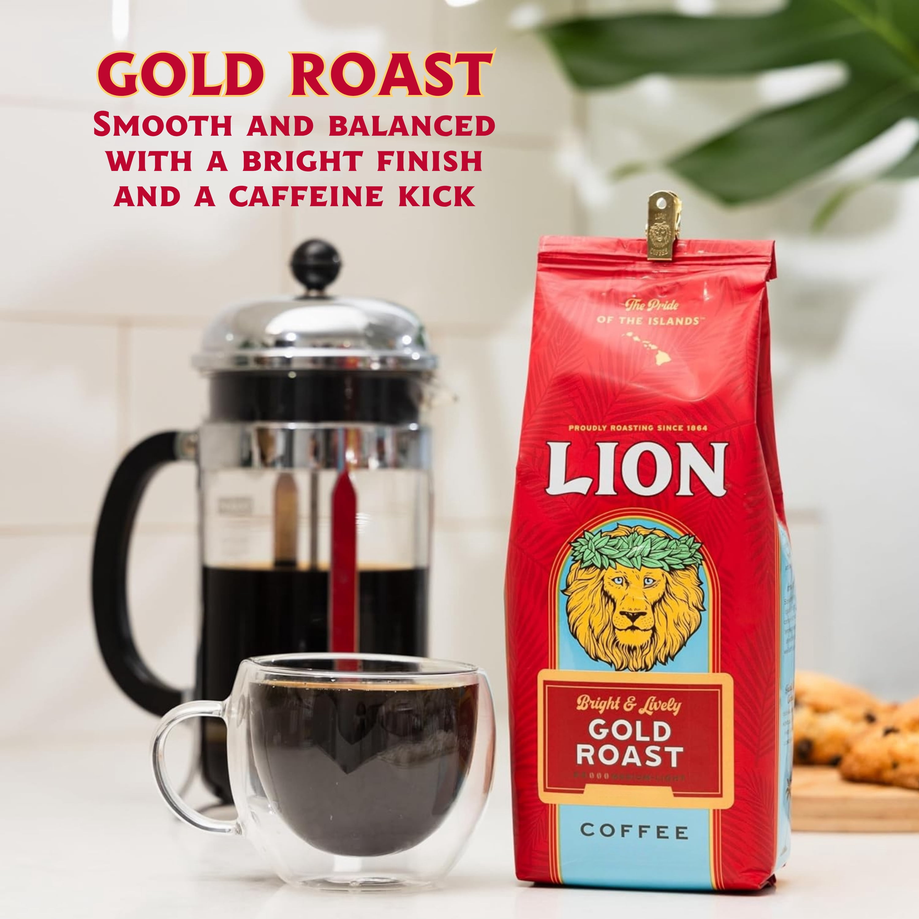 Lion Coffee Gold Roast Ground Coffee, 100% Arabica, Medium-Light Roast, 24 oz