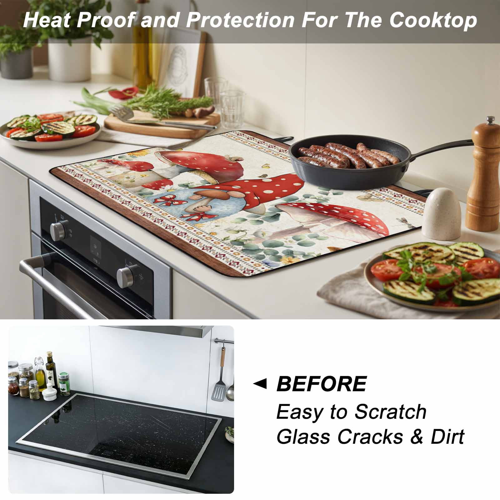 Red Mushroom Gnomes Stove Top Cover for Electric Stove, Heat-proof & Non Slip Glass Top Stove Cover Protector, Vintage Botanical Elegant Pastoral Kitchen Flat Cooktop Rubber Mat 24x21 Inches