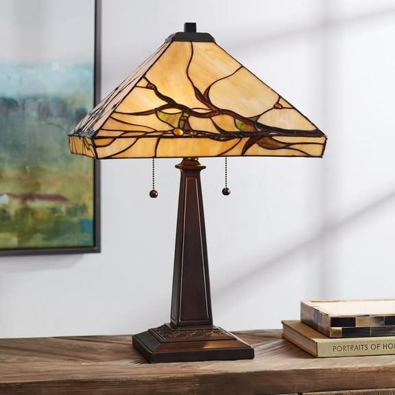 Robert Louis Tiffany Budding Branch Mission Table Lamp 24" High Bronze Art Glass Square Shade for Bedroom Living Room Bedside Nightstand Office Family