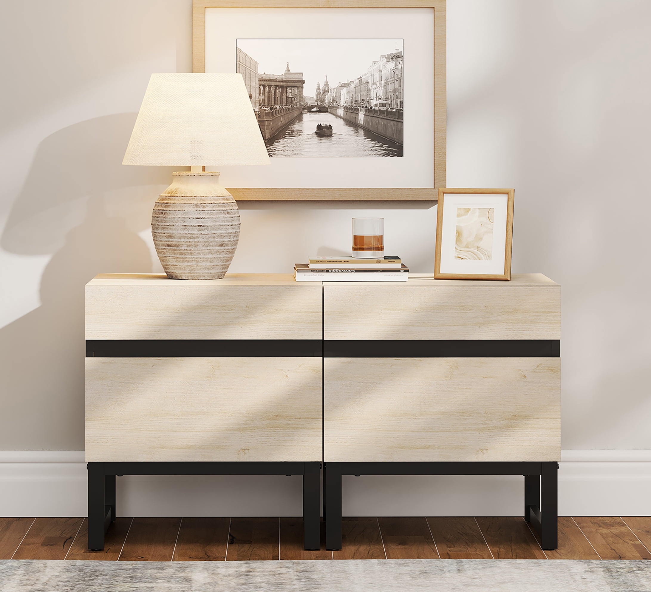 WAMPAT Modern 2 Pack End Tables With 2 Drawers - Compact Sofa Side Table & Nightstand For Living Room & Bedroom