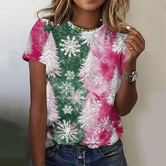 Haivin Women's Christmas Print T-shirt, Short-Sleeve Round Neck Top for Holiday, Party and Daily Casual Wear