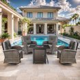 thumbnail image 2 of Lumiinofami 7 Piece Patio Fire Pit Sets, Outdoor Wicker Rattan Furniture Swivel Rocking Chairs and Side Tables Set with 30" Fire Pit Table for Backyard Porch Garden, Gray, 2 of 10
