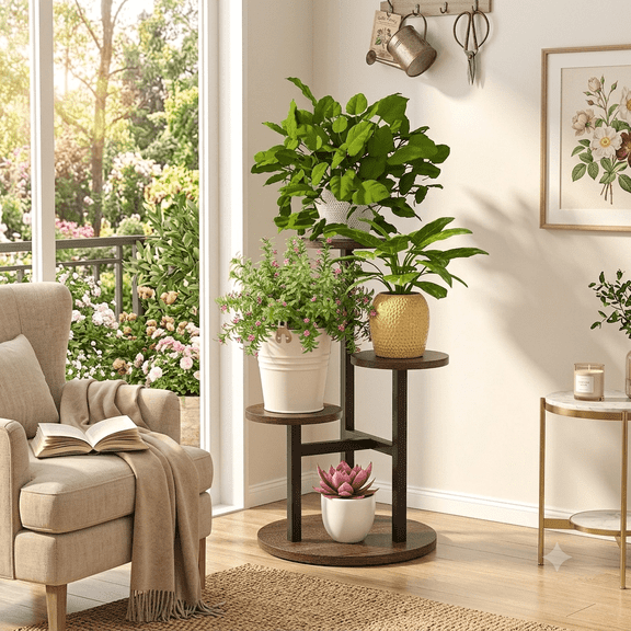 YOYTOO 4 Tier Wood Plant Stand Metal Rack Indoor, Tall Plant Shelf for Multiple Plants, Corner Flower Stand Display Rack for Patio, Garden, Balcony and Living Room(Black Brown)
