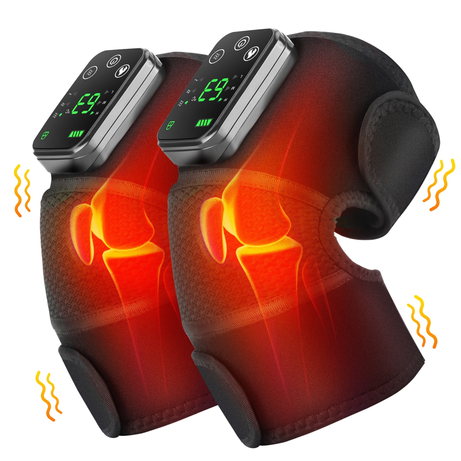 Cordless Knee Massager, Heating Pad Knee Wrap Brace, Shoulder Elbow Knee 3 in 1 Heated Vibration Massager for Stress Relief, Relax Muscle, Black, 2pcs