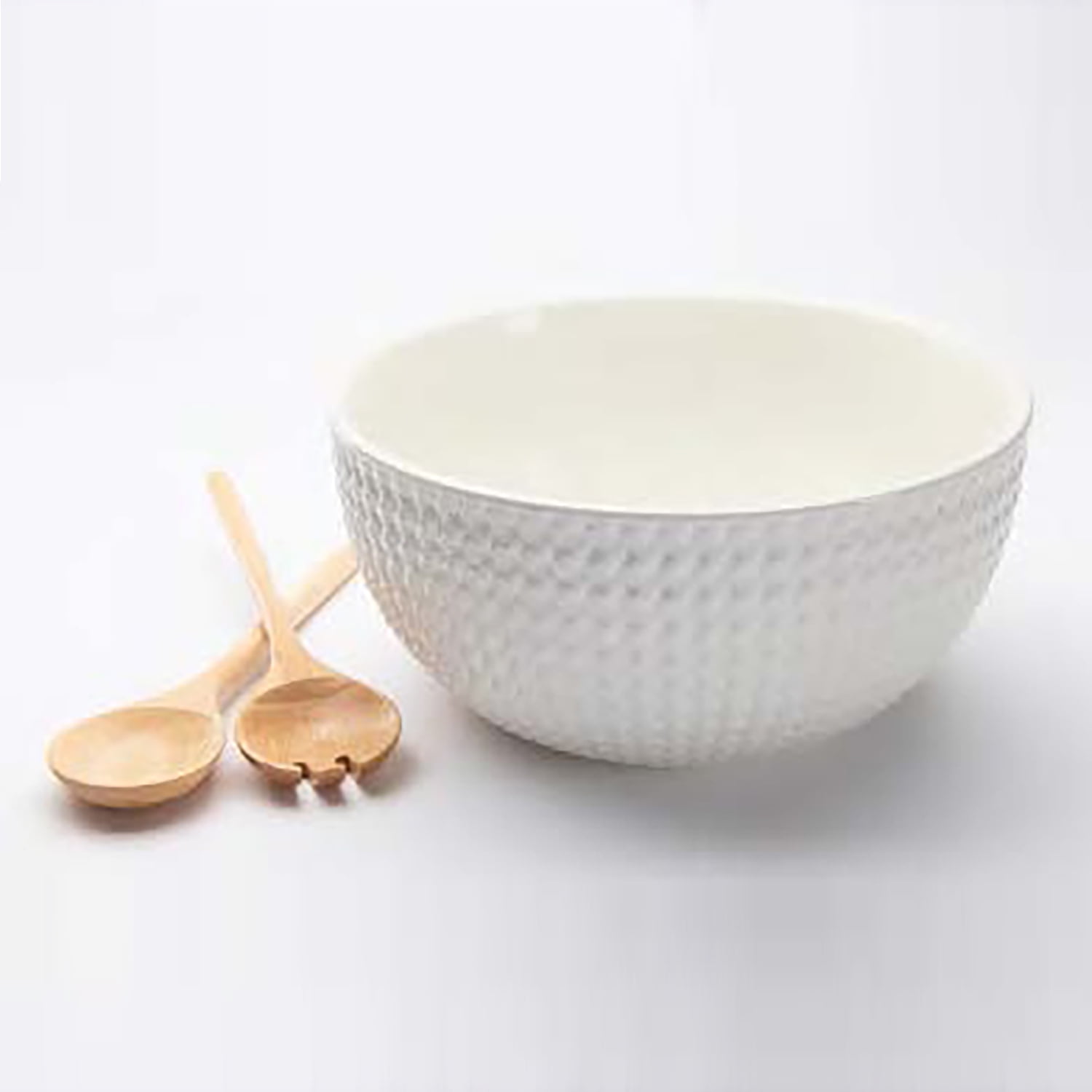 CounterArt Large White Ceramic Serving Bowl with Wooden Serving
