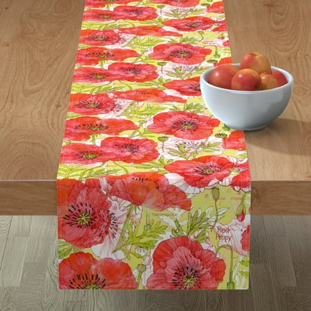 

Cotton Sateen Table Runner 90 - Poppies Botanical Floral Drawing Botany Poppy Wedding Flowers Greenery Watercolor Print Custom Table Linens by Spoonflower