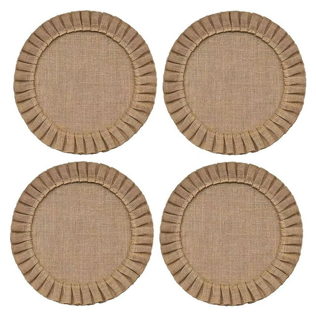 Nvzi Manteles individuales redondos trenzados, 4 piezas, para mesas de comedor, manteles de yute resistentes al calor de 15 pulgadas, con encaje con volantes
