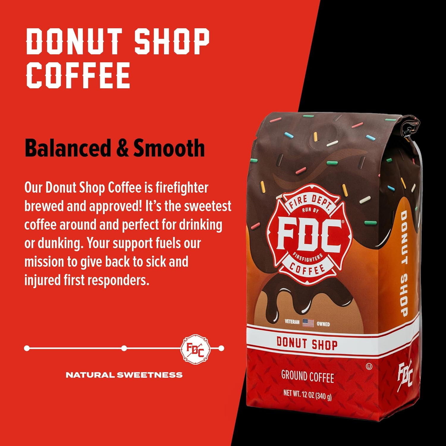 Fire Department Coffee Donut Shop Medium Roast Premium Ground Coffee, 12 oz