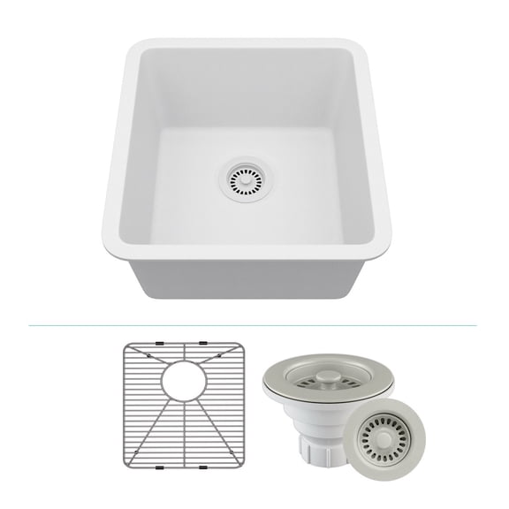 16" x 18" Quartz Kitchen Sink, Single Bowl Sink, Drop-in Sink, Undermount Sink, Granite Kitchen Sink, Galaxy  White Kitchen Sink, with Steel Grids and Basket Strainer Lexicon Platinum LP-1618-W