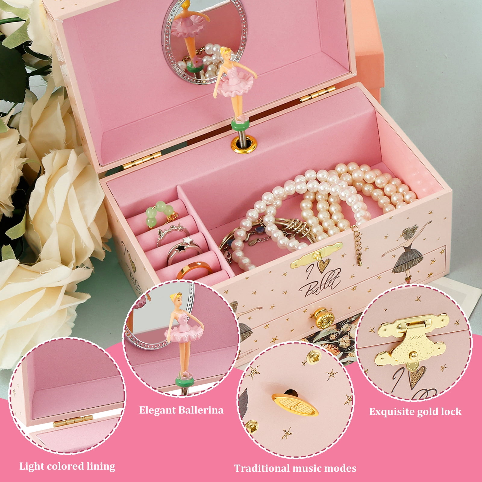Musical Jewelry Storage Box Decorative Jewelry Organizer Box with Drawer Bracelet Ring Holder Case for Girls Kids Present