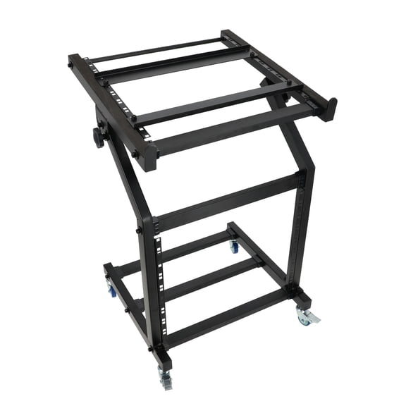 Rockville RLM9U Rolling Rack Stand, 9U Vertical 10U Top, Adjustable Angle Shelf and Crossbar Platform, Studio & Stage Audio Cart