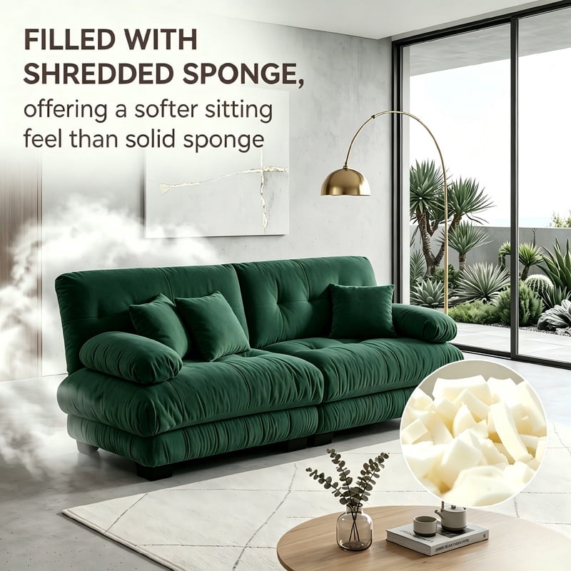 ANPPORT Cloud Couch Sleeper Sofa, Chenille Green 2-Seater Modular Sofa, 2 Lumbar pillows, 2 Pillows, Comfy Deep Seat Cloud Sofa, Convertible L-Shaped Floor Couch for Living Room
