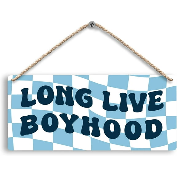 Wood Sign 5x10 Inch Long Live Boyhood Boys Room Hanging Wooden Signs Blue Checkerboard Nursery Boys Room Wall Decor Blue Boyhood Home Decor Gifts For Toddlers Teen Baby Boys Son Kids Gift For Women