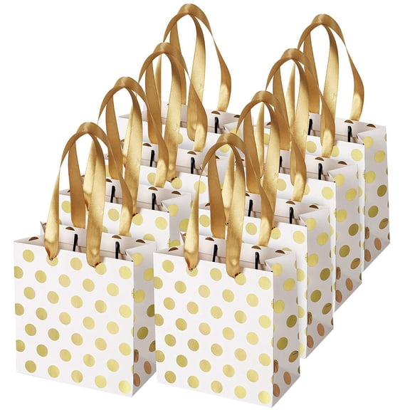 Rollbacks & More with Ribbon Handles Gold Mini Gift Bag,for Birthday Weddings Christmas Holidays Graduation Baby Showers(Metallic Dots 8 Pack Bulk)