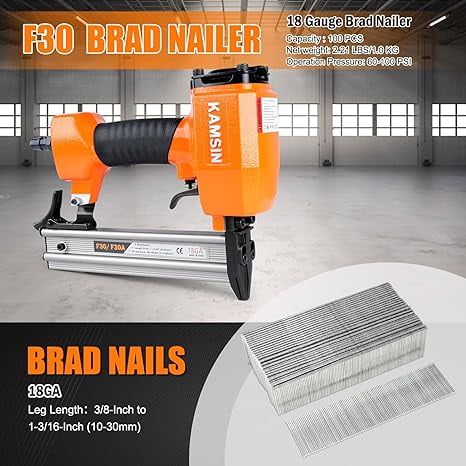 KAMSIN F30 18 Gauge Pneumatic Brad Nailer, Air Power Brad Nailer for Woodworking Furniture Cabinet