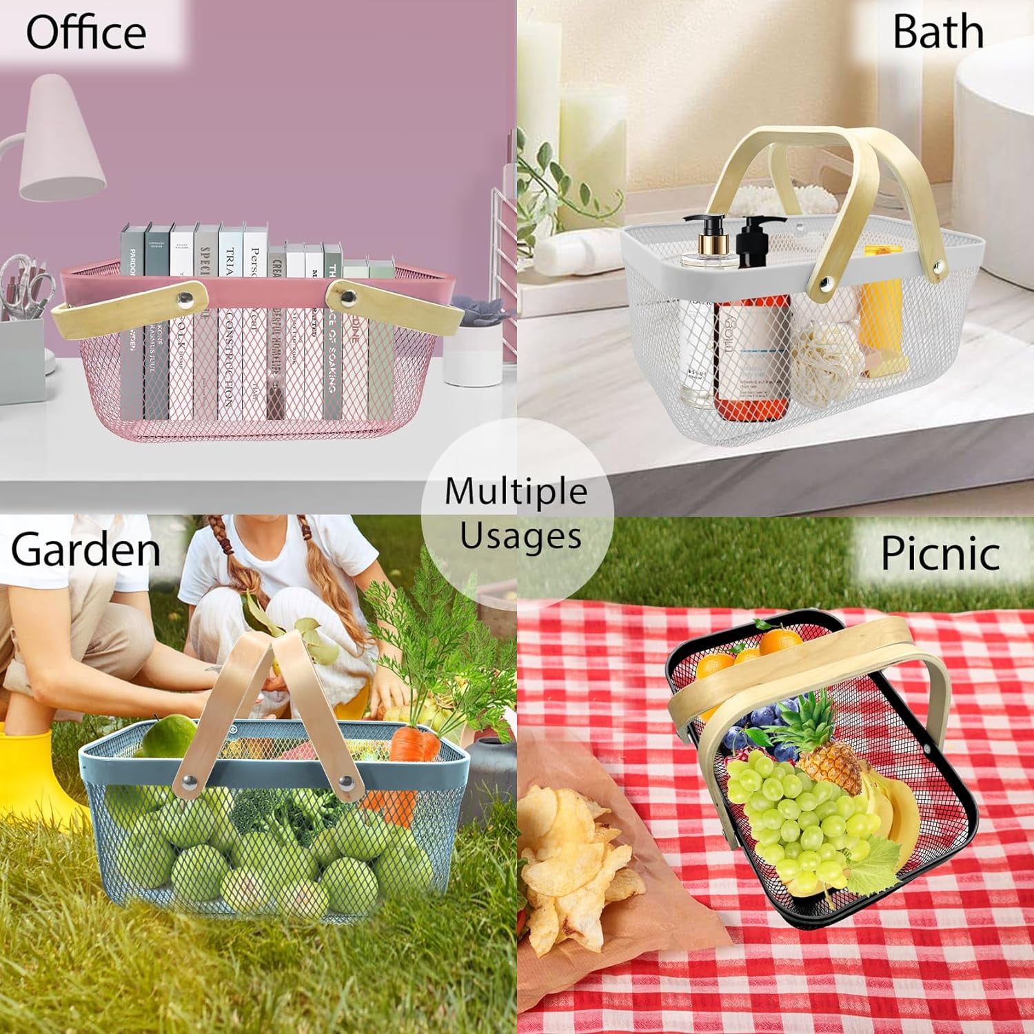 Picnic Harvest Basket Wire Metal Mesh Steel Garden Basket - Produce Storage Basket Multi-Functional Fruit Vegetable Egg Picking Baskets with Handles - Ideal for Kitchen, Bathroom