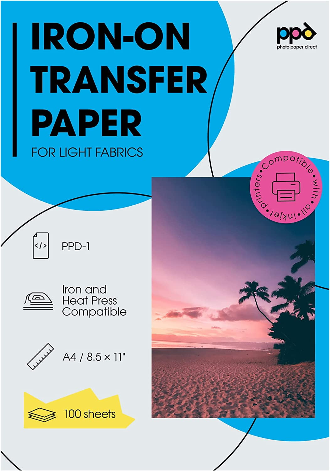PPD Inkjet PREMIUM Iron-On Light T Shirt Transfer Paper LTR 8.5x11 pack of  100 Sheets (PPD001-100)