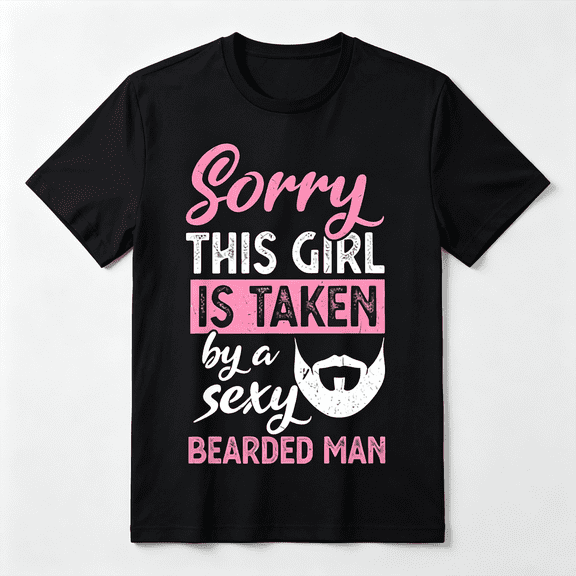 Sorry This Girl Is Taken By A Sexy Bearded Man Funny Couple Graphic Tee for Men Women, Romantic Humor Short Sleeve T-Shirt, Casual Crew Neck Top for Couple Gift