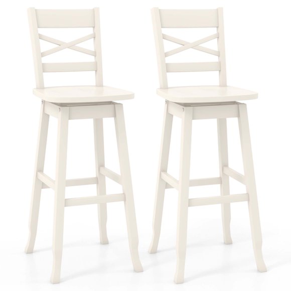 Costway 2 PCS 30" Bar Height Stool Rubber Wood Swivel Bar Stool with Inclined Backrest Cream
