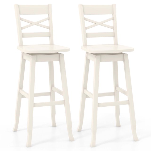 Costway 2 PCS 30" Bar Height Stool Rubber Wood Swivel Bar Stool with Inclined Backrest Cream
