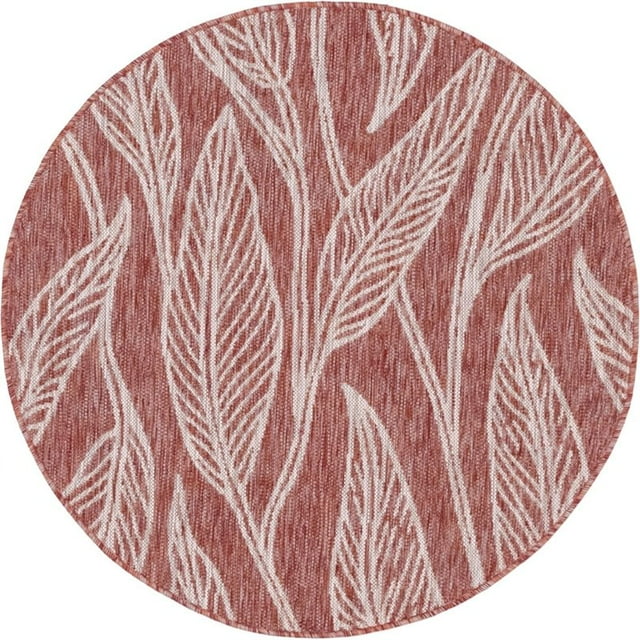 Unique Loom Tapis d'Extérieur Feuilles Botaniques 4 Pieds x 4 Pieds Rond Rouille Rouge/gris