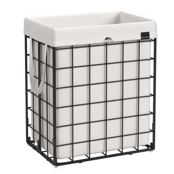 Cesto para la ropa sucia SONGMICS, 23,8 galones. (90L) Cesto para la Ropa sucia, Cesto para Ropa Plegable, Forro extraíble y Lavable, Estructura de Alambre de Metal, para Dormitorio, baño, Blanco Crem