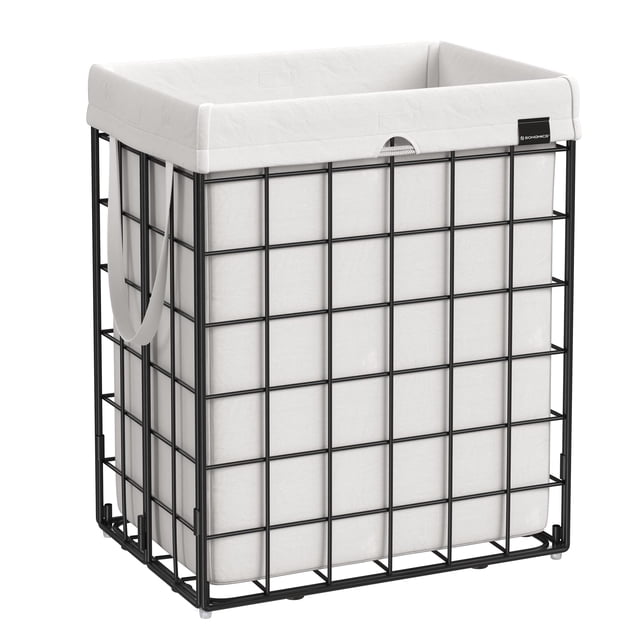Cesto para la ropa sucia SONGMICS, 23,8 galones. (90L) Cesto para la Ropa sucia, Cesto para Ropa Plegable, Forro extraíble y Lavable, Estructura de Alambre de Metal, para Dormitorio, baño, Blanco Crem