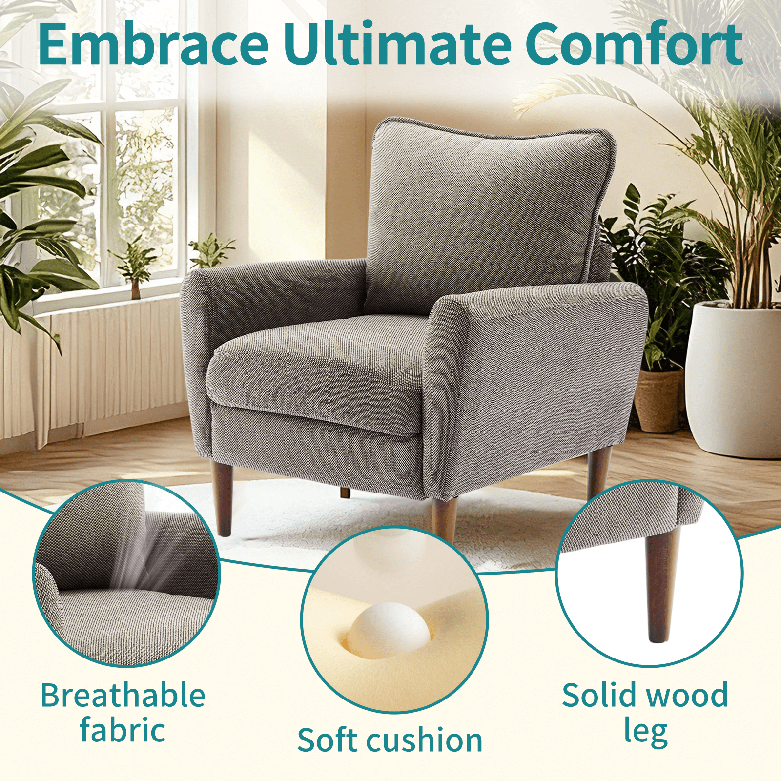 Gianna Fabric Accent Chair with Supportive Backrest and Armrests, Modern Comfortable Chair for Living Room, Bedroom, or Office