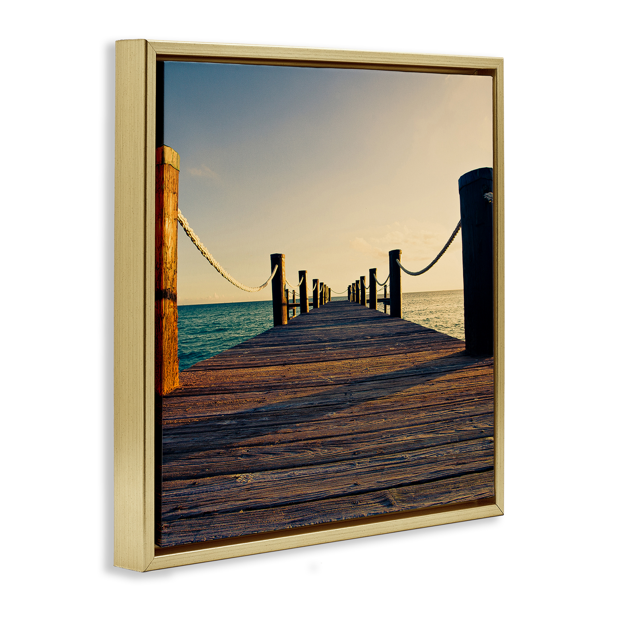 Stupell Industries Coastal Beach Dock Nautical & Beach Photography Gold Floater Framed Canvas Art Print Wall Art, 18 x 18